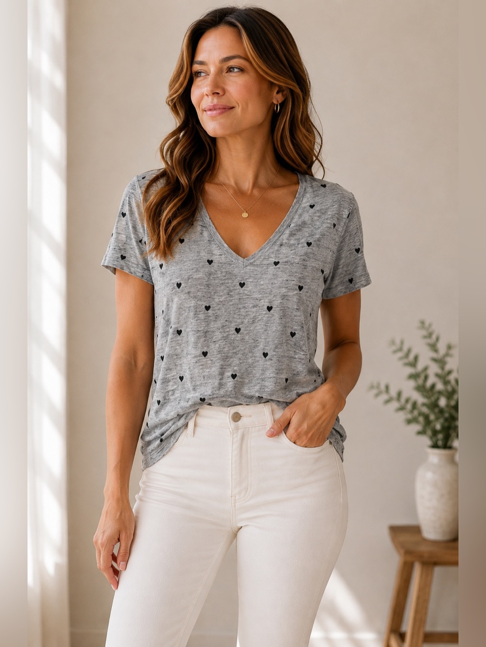 Rails Cara Heather Gray Black Heart V-Neck Tee Top Size M